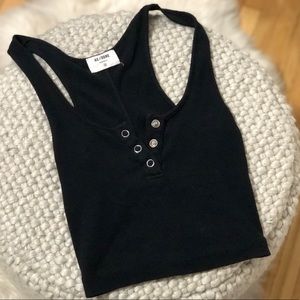 RE/DONE Ribbed Henley Crop Tank in Black Size XS